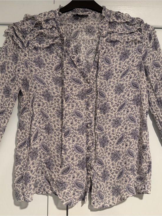 PAIGE Tops - PAIGE Cream and Blue Paisley Ruffle-Trim Button-Down Shirt